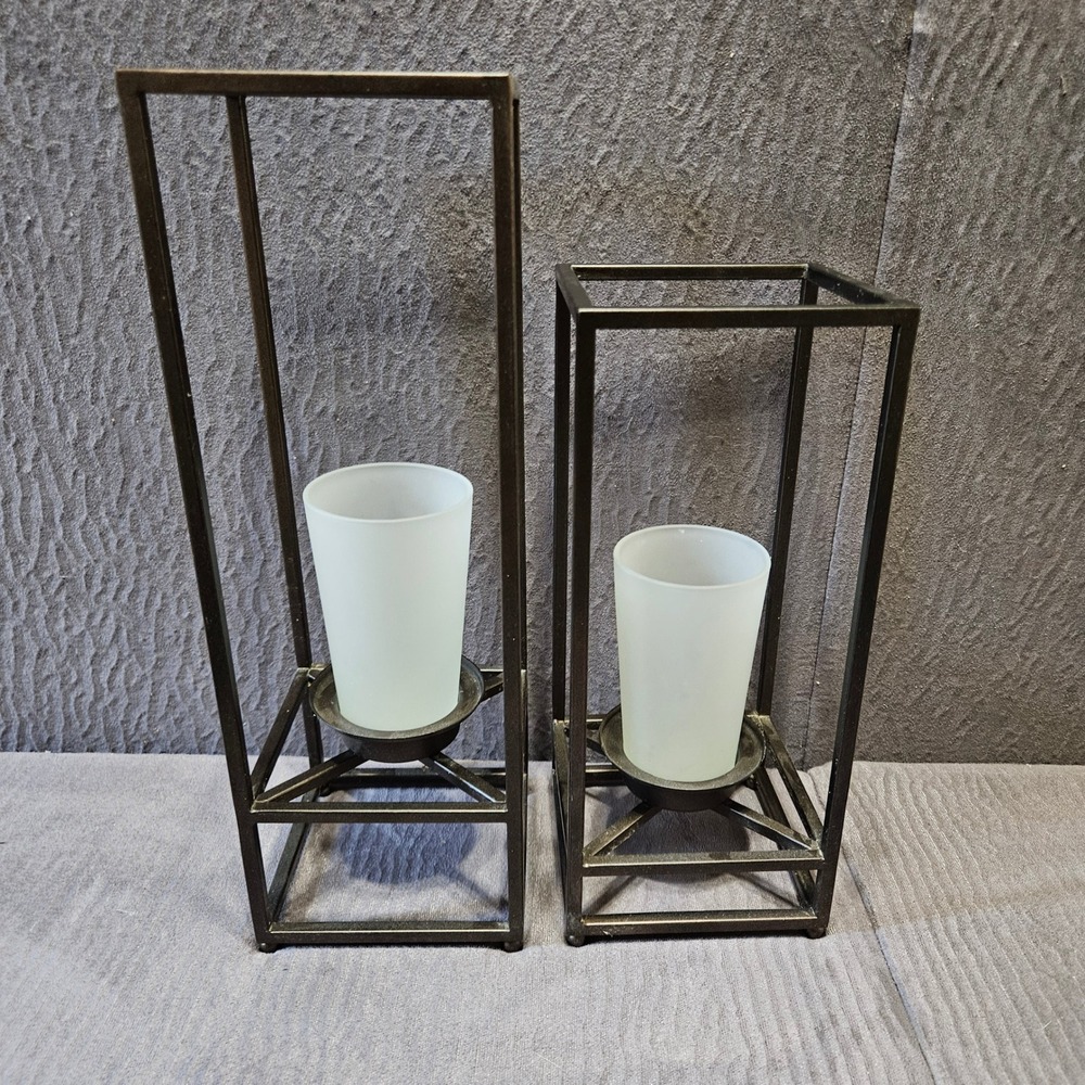 PartyLite Framework Pillar Candle Holders Set of 2 Bronze Metal Frosted Glass